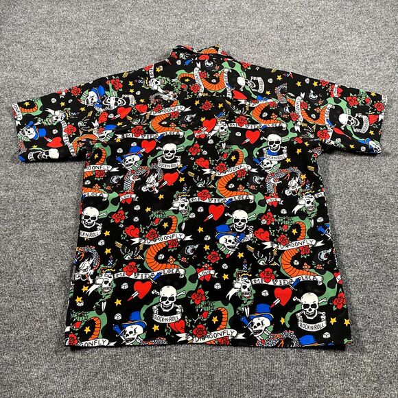 Dragonfly Mens Medium Skull Snake All Over Print Button Camp Shirt Mi Vida Loca - Picture 7 of 8